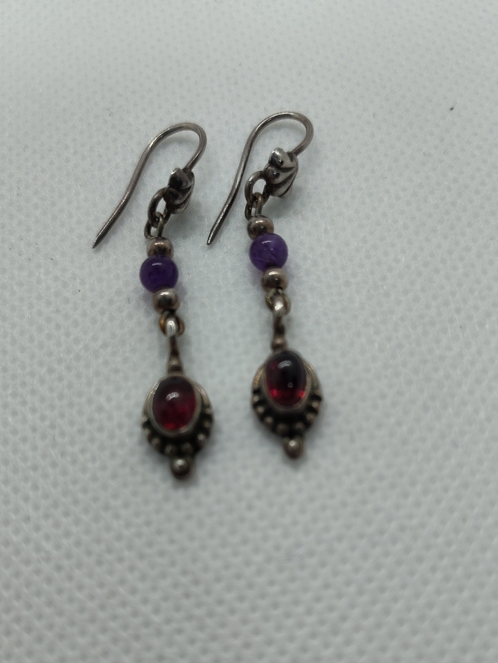 Sterling Silver Genuine Garnet and Amethyst drop earrings handcrafted 1.5"